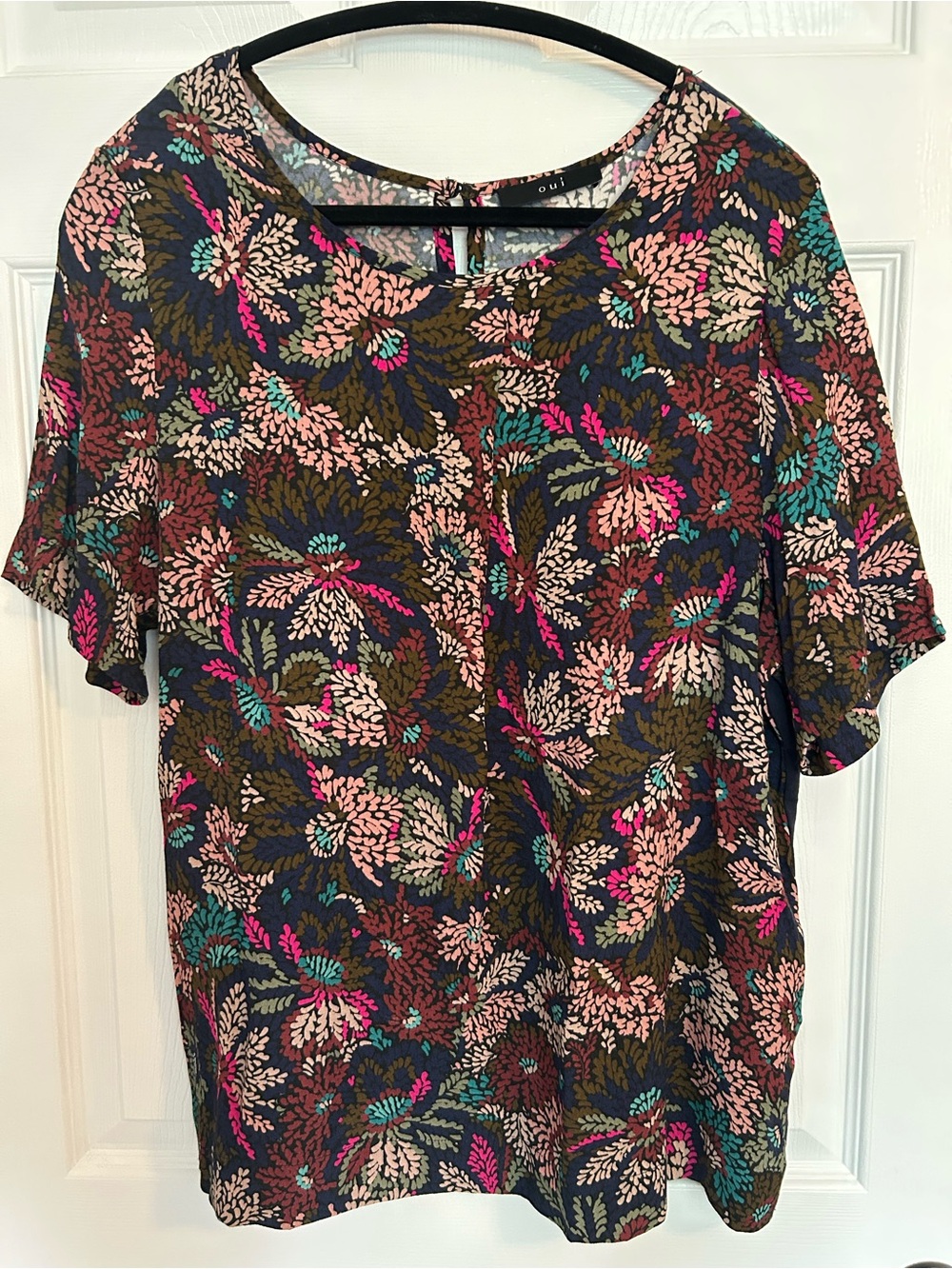 Oui Mixed Media Floral Blouse Navy Pink Knit Back Top US 10